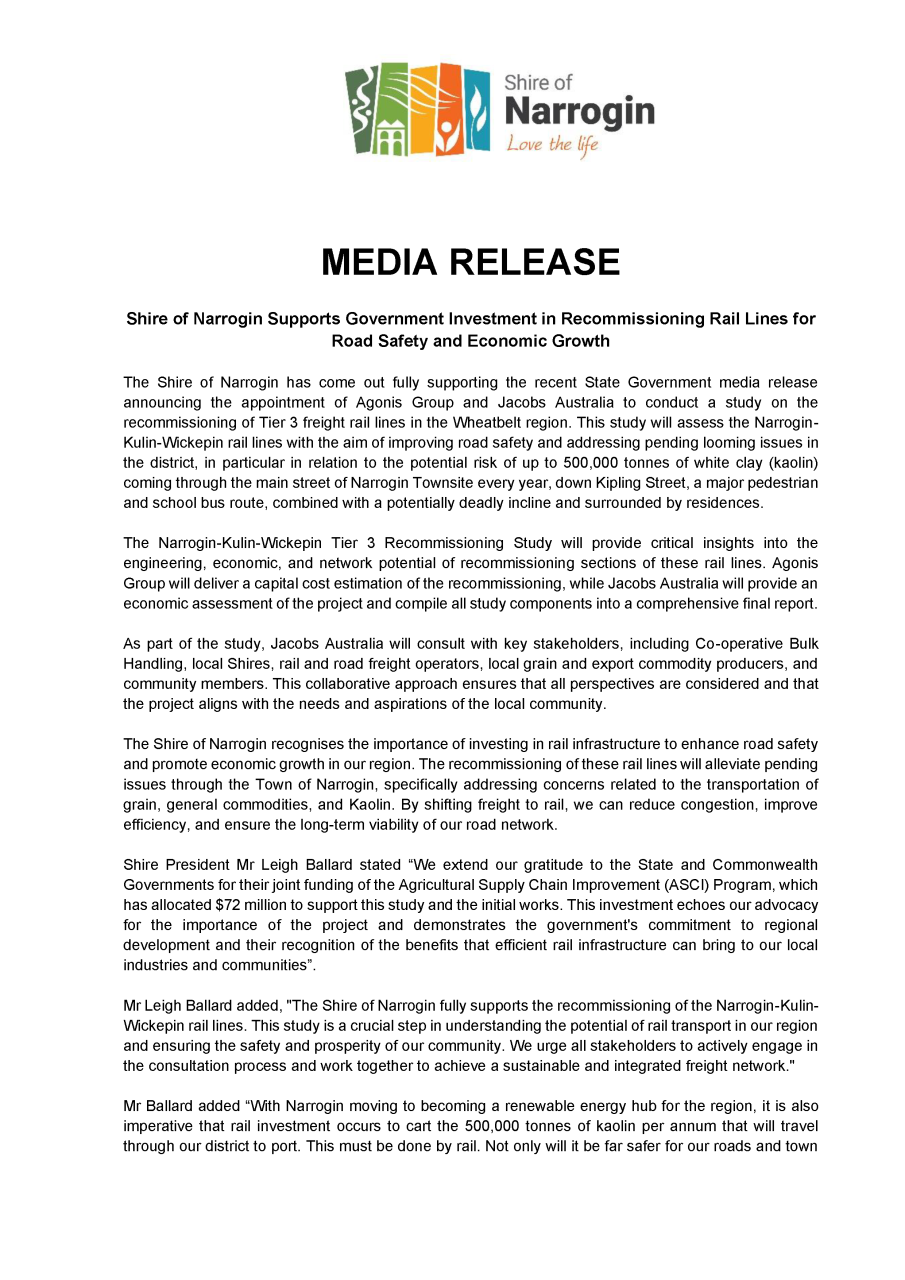 Media Release - Shire of Narrogin Supports Government Investment in
